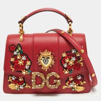 Pre Owned Dolce & Gabbana Red Leather DG Amore Crystals Top Handle Bag