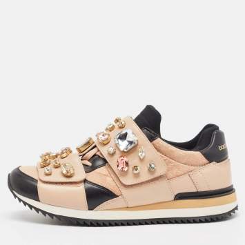 Pre Owned Dolce & Gabbana Beige/Black Leather Fabric Lace Up Sneakers Size 38.5