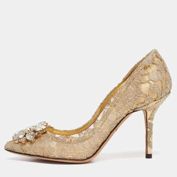 Pre Owned Dolce & Gabbana Gold Lace Bellucci Pumps Size 37.5