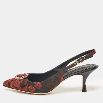 Pre Owned Dolce & Gabbana Black/Red Floral Print Fabric Crystal Embellished Slingback Pumps Size 40