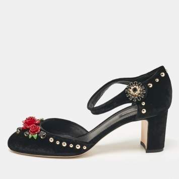 Pre Owned Dolce & Gabbana Black Velvet Studded and Rose Embellished Ankle Strap Pumps Size 41