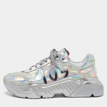 Pre Owned Dolce & Gabbana Iridescent Leather DG Logo Lace Up Sneakers Size 40