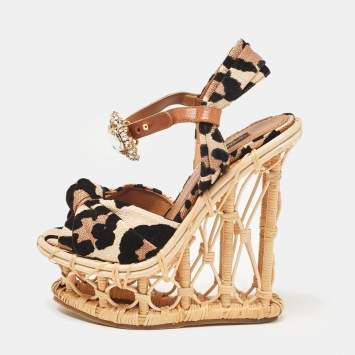 Pre Owned Dolce & Gabbana Beige/Black Leopard Print Straw Crystal Brooch Platform Sandals Size 36