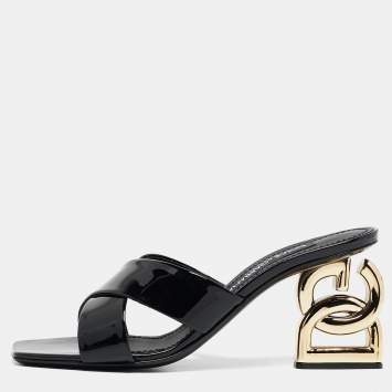 Pre Owned Dolce & Gabbana Black Patent Leather DG Heel Slide Sandals Size 38