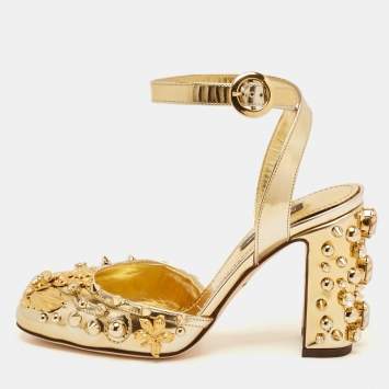 Pre Owned Dolce & Gabbana Gold Leather Embellished Ankle Wrap Sandals Size 35