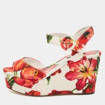 Pre Owned Dolce & Gabbana Multicolor Floral Printed Fabric Platform Wedge Sandals Size 35