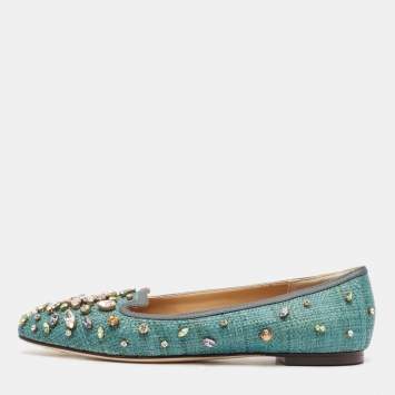Pre Owned Dolce & Gabbana Green Raffia Crystal Embellished Ballet Flats Size 36