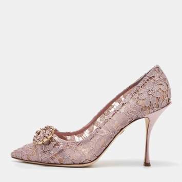 Pre Owned Dolce & Gabbana Light Pink Lace Crystal Buckle Pumps Size 40