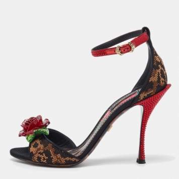 Pre Owned Dolce & Gabbana Brown/Black Canvas and Satin Rose Applique Ankle Strap Sandals Size 37
