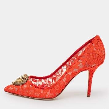 Pre Owned Dolce & Gabbana Red Lace Devotion Pumps Size 40.5