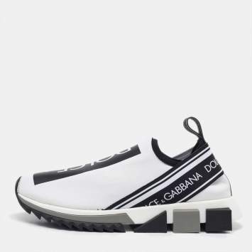 Pre Owned Dolce & Gabbana White/Black Knit Fabric Sorrento Slip On Sneakers Size 38