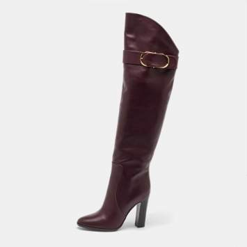 Pre Owned Dolce & Gabbana Burgundy Leather Buckle Detail Thigh High Boots Size 36.5