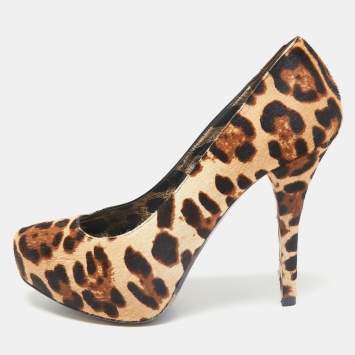 Pre Owned Dolce & Gabbana Brown Leopard Print Calf Hair Platform Pumps Size 37