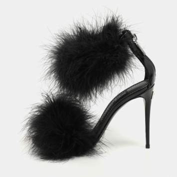 Pre Owned Dolce & Gabbana Black Patent Leather and Turkey Feather Ankle Strap Sandals Size 36