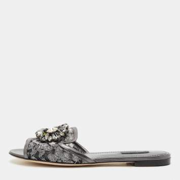 Pre Owned Dolce & Gabbana Metallic Lace and Leather Bianca Flat Sandals Size 38