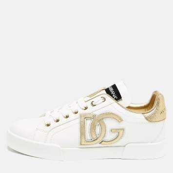 Dolce & Gabbana White/Gold Leather Portofino DG Logo Sneakers Size 39