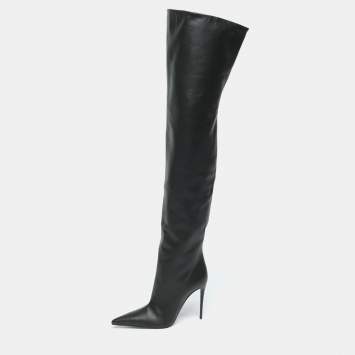 Dolce & Gabbana Black Leather Over Knee Boots with Garter Belt Size 39