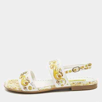 Pre Owned Dolce & Gabbana Yellow/White Majolica Print Leather Flat Sandals Size 37