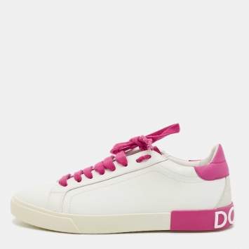 Pre Owned Dolce & Gabbana White/Pink Leather Portofino Low Top Sneakers Size 39
