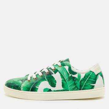 Pre Owned Dolce & Gabbana Green/White Leather Banana Leaf Print Low Top Sneakers Size 39