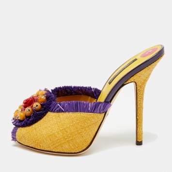 مملوكة مسبقًا Dolce & Gabbana Size 36 Yellow/Purple Raffia and Straw Embellishment Mules