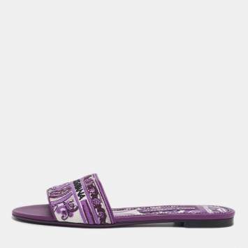 Pre Owned Dolce & Gabbana Size 37 Purple Brocade Fabric Flat Slides