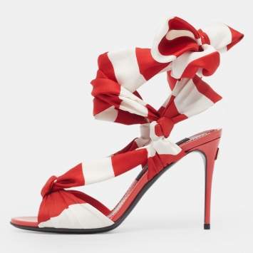 Pre Owned Dolce & Gabbana Portofino Size 36.5 Red/White Striped Satin Ankle Wrap Sandals