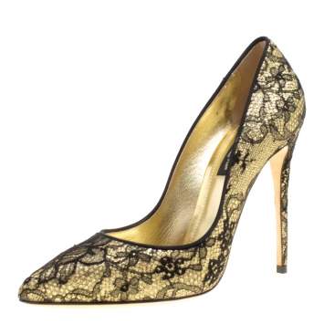Pre Owned Dolce & Gabbana Metallic Gold Glitter and Black Chantilly Lace Pointed Toe Pumps Size 36