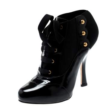 Pre Owned Dolce & Gabbana Black Leather/Stretch Fabric Stud Detail Lace Up Ankle Booties Size 39