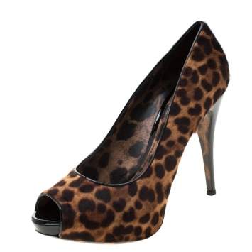 Pre Owned Dolce & Gabbana Brown Leopard Print Calf Hair Peep Toe Platform Pumps Size 41