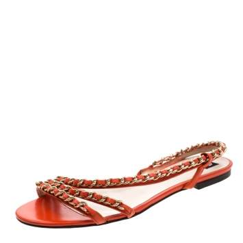Pre Owned Dolce & Gabbana Orange Leather Chain Slingback Flat Sandals Size 38