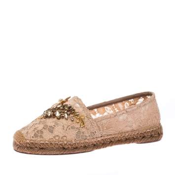 Pre Owned Dolce & Gabbana Beige Lace Embellished Espadrilles Size 38