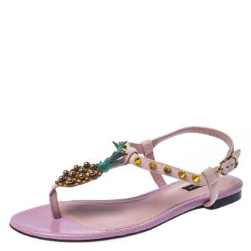 Pre Owned Dolce & Gabbana Pink Suede Leather Pineapple Embellished Flats Sandals Size 37 