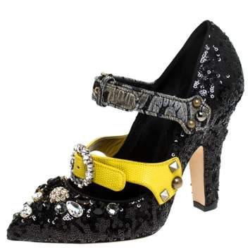 Pre Owned Dolce & Gabbana Black Mixed Media Crystal Embellished Mary Jane Pumps Size 38