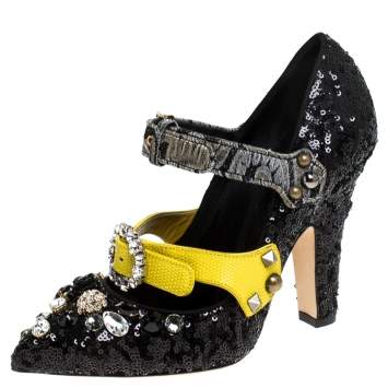 Pre Owned Dolce & Gabbana Black Mixed Media Crystal Embellished Mary Jane Pumps Size 37