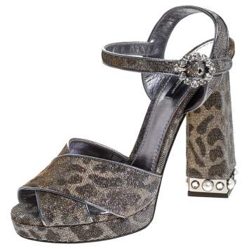 Pre Owned Dolce & Gabbana Silver/Gold Glitter Fabric Brooch Buckle Ankle Strap Block Heel Sandals Size 40