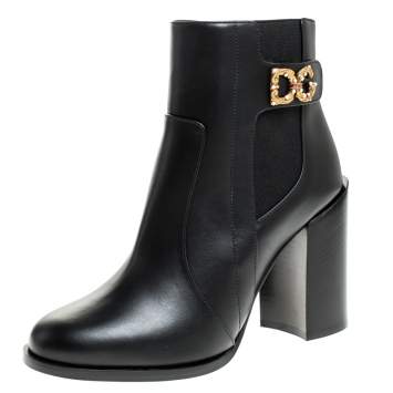 Pre Owned Dolce & Gabbana Black Leather Logo Detail Ankle Boots Size 38
