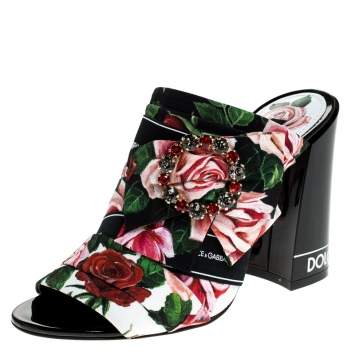 مملوكة مسبقًا Dolce & Gabbana Multicolored Charmeuse Printed Fabric Bejeweled Buckle Mules Size 37