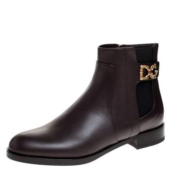 Pre Owned Dolce & Gabbana Brown Leather Logo Detail Ankle Boots Size 37.5