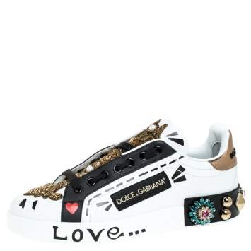 مملوكة مسبقًا Dolce & Gabbana White/Black Leather Portofin Embellished Low Top Sneakers Size 36