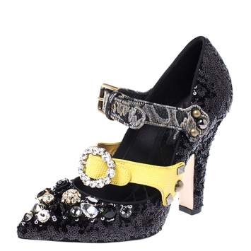 Pre Owned Dolce & Gabbana Black Sequins Embellished Buckle Strap Crystals Mary Jane Pumps Size 38.5