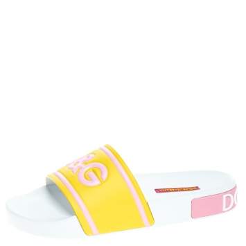 Pre Owned Dolce & Gabbana Yellow/Pink Rubber I Love Flat Slides Size 37
