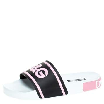 Pre Owned Dolce & Gabbana Black/Pink Rubber I Love Flat Slides Size 37