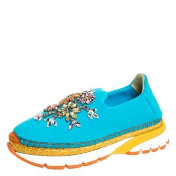 Pre Owned Dolce & Gabbana Blue Neoprene Barcelona Embellished Slip On Sneakers Size 38