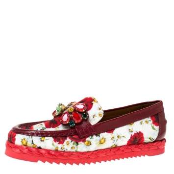 Pre Owned Dolce & Gabbana Red Brocade Fabric Crystal Embellished Loafers Size 36.5
