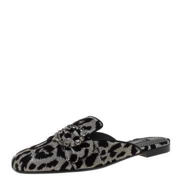 Pre Owned Dolce & Gabbana Metallic Silver Canvas and Black Leopard Print Velvet Jackie Mule Size 37.5