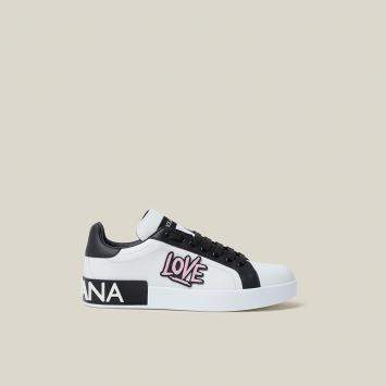 Pre Owned Dolce & Gabbana White Love Logo-Embossed Leather Sneakers Size IT 41