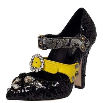Pre Owned Dolce & Gabbana Black Mixed Media Crystal Embellished Mary Jane Pumps Size 39