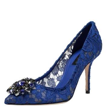 Pre Owned Dolce & Gabbana Blue Lace Jeweled Embellishment Pointed Toe Pumps Size 36