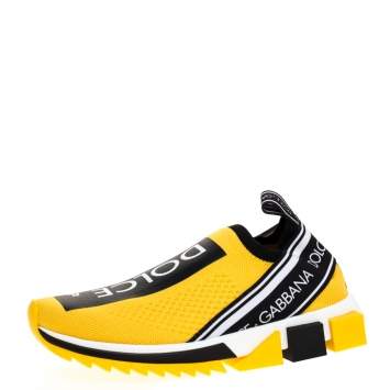 Pre Owned Dolce & Gabbana Yellow/Black Stretch Fabric Jersey Logotape Print Slip On Sneakers Size 36